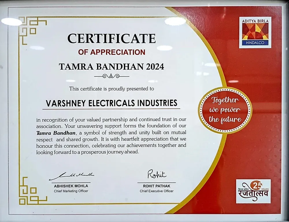 Aditya Birla Hindalco Tamra Bandhan 2024 Certificate of Appreciation